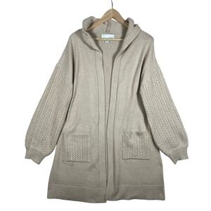 Cardigan Sweater Hooded Knit Open Front Long Sleeve Chunky Pockets Beige Grandma